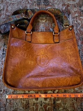 Brown Leather Tote with Patterned Strap